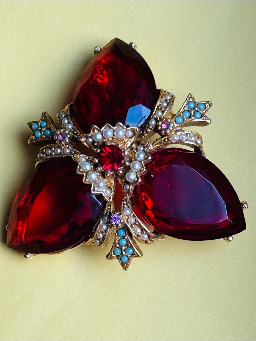 Vintage rare ART signed Red Crystal Brooch with Pearl and Turquoise accent beads